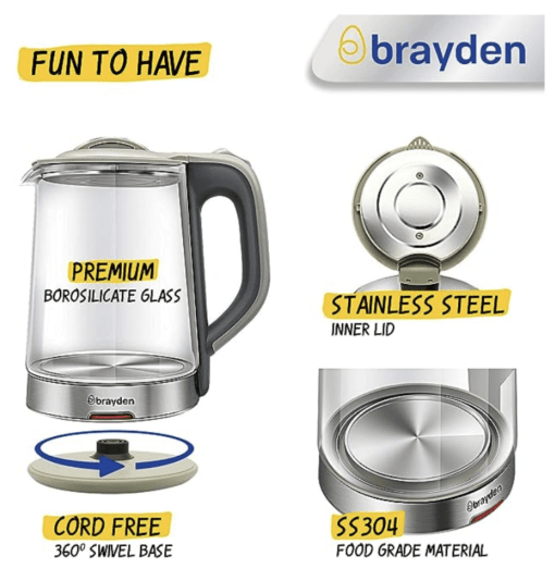 Brayden Aquo 10 Electric Glass Kettle | Led Indicator | Tea, Soup & Multipurpose | Auto Shut Off | Boil Dry Protection | Transparent Borosilicate Glass Body (1500W,1.8 Litre,Grey) - Image 3